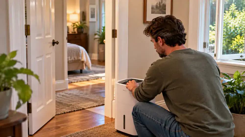 Over-the-shoulder close-up of a homeowner gently checking a white interior door after humidity control, comparing the latch-side clearance near a pencil-marked rubbing spot while holding the lever handle.