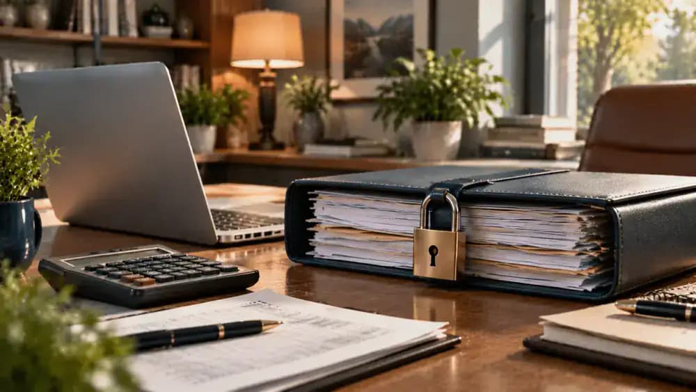 Secure folder containing financial documents beside a laptop and closed padlock.