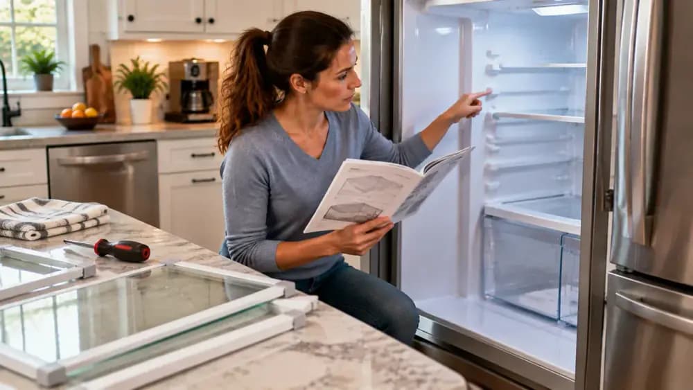 Person reviewing a refrigerator manual and examining shelf supports inside an empty refrigerator compartment