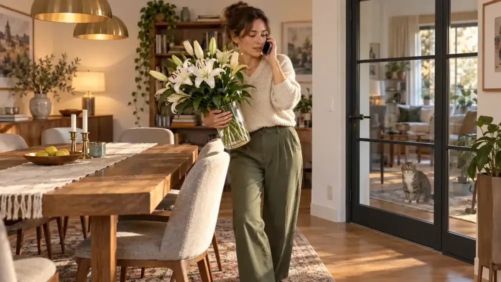 Owner removing a lily bouquet from the home while a cat remains separated in another room