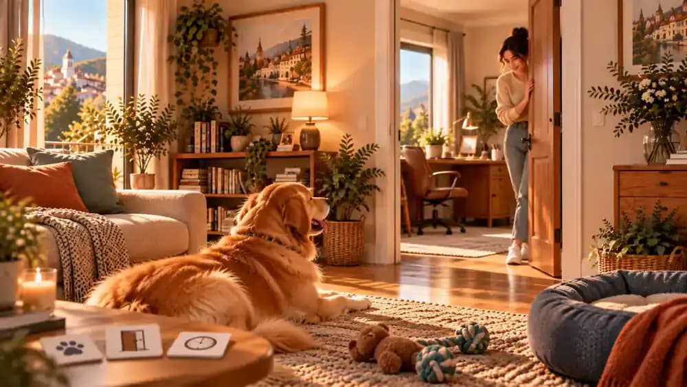 Emma practices brief separations at an open study doorway while Bailey rests comfortably on a rug. A handwritten training card on the desk lists alternating one-second and two-second trials.