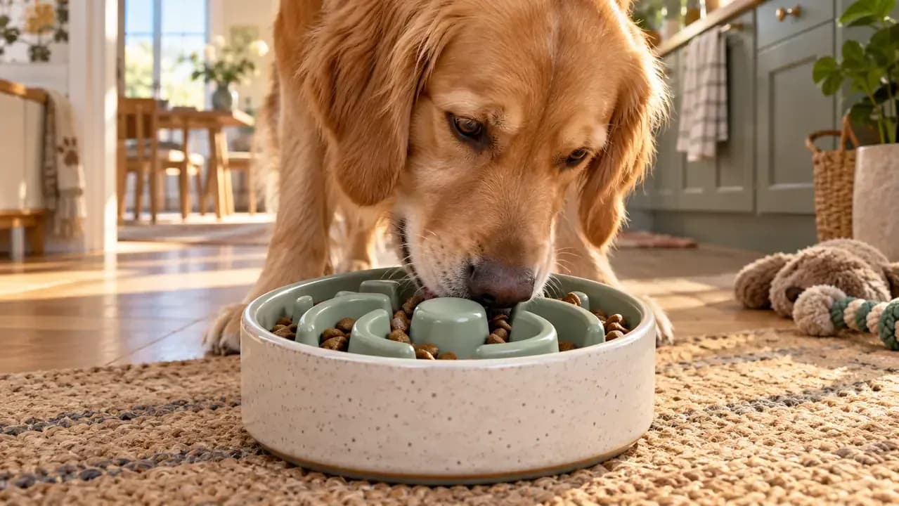 Ceramic dog bowl fitted with a large food-safe silicone feeding insert