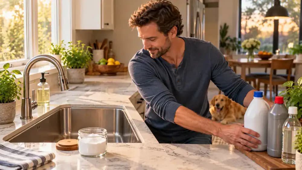 Homeowner moving bleach, drain opener, and vinegar away from a kitchen sink disposal while leaving a small container of baking soda nearby for later deodorizing.