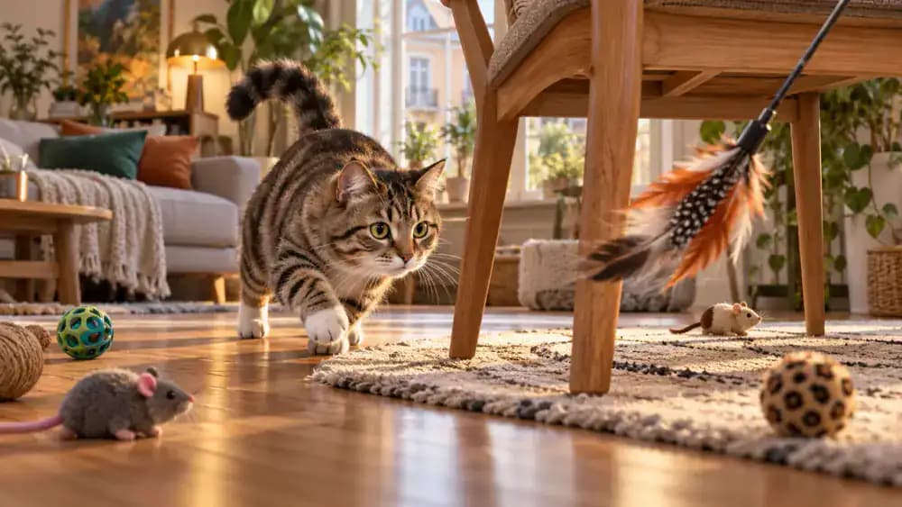Cat stalking a feather wand with toy mice and balls nearby