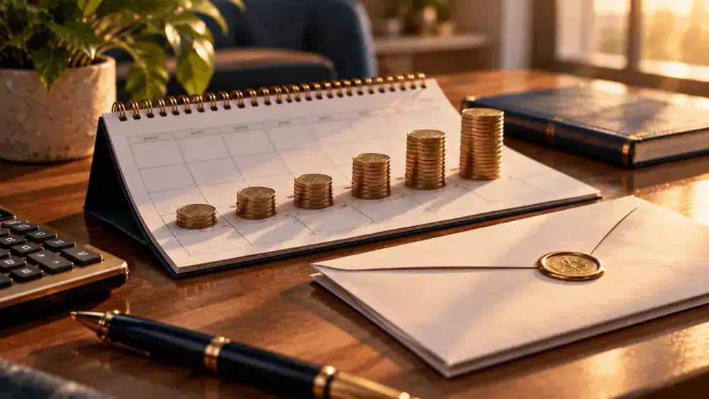 Calendar with evenly spaced coin stacks and a payment envelope representing installment payments.