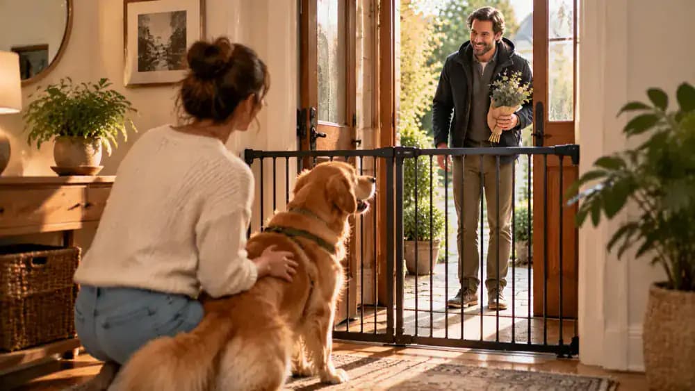 A dog waits calmly behind a sturdy indoor gate while a familiar visitor stands outside the secured entrance and the owner offers a reward away from the doorway.