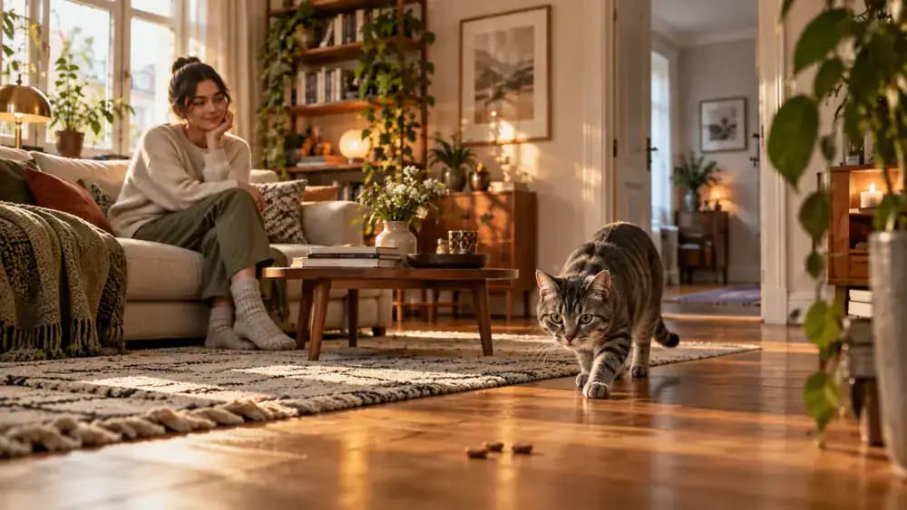Gray tabby cat cautiously approaching a small plate of treats beside a kneeling owner in a spacious living room, with a visitor seated far away and an open hallway accessible.