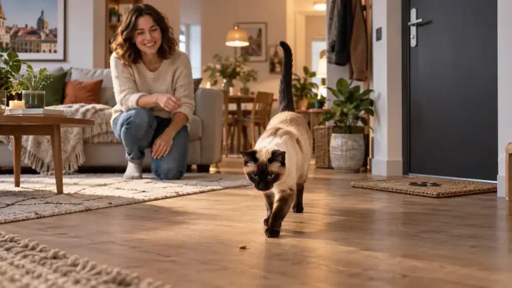 Siamese cat leaving a square training mat to retrieve a treat tossed by its owner toward the center of the living room, away from the closed exterior entrance.