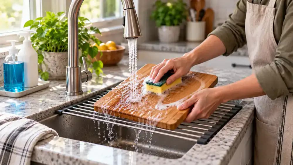 Hand scrubbing a wooden cutting board with a soapy sponge on a raised sink rack, then rinsing both sides with warm water without submerging it
