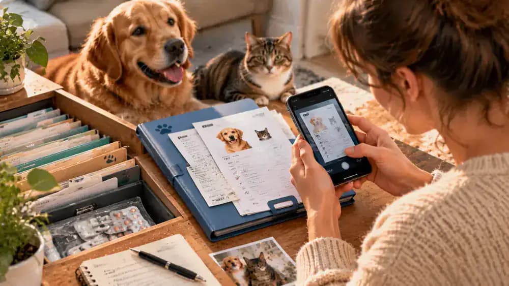 Pet owner organizing a pet health app with veterinary contact details, exporting a backup, placing records in a labeled household folder, and packing a printed copy for travel.