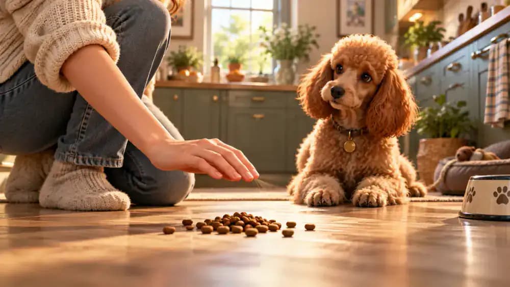 Close-up of an owner's hand hovering slightly above pieces of kibble on the floor while a calm poodle waits without approaching the food.