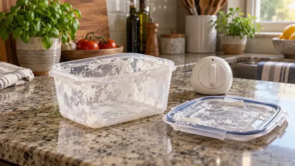 Transparent plastic food container with white baking soda paste covering faint orange tomato stains, detached lid and silicone gasket resting separately on clean towels, and a hand starting a digital kitchen timer set to 20 minutes on a modern kitchen countertop.