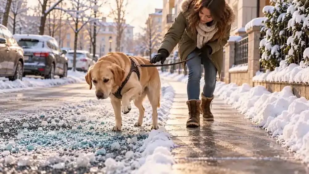Brown Labrador holding one front paw above a snowy sidewalk scattered with de-icing salt while its concerned owner points toward a cleared walking path.