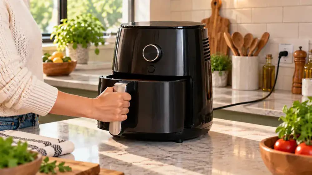 Clean countertop appliance on a dry counter with a hand reinstalling the removable tray and loosely routing the power cord behind it without pinching or stretching