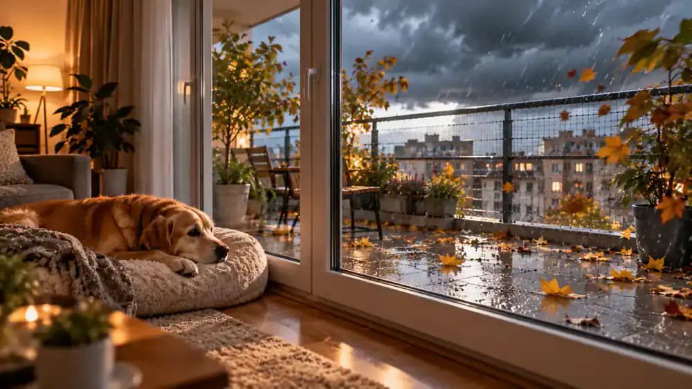 Apartment balcony shown during strong winds, rainfall with puddles, and intense midday sunshine, followed by an owner checking a smartphone weather forecast and a dog resting indoors as storm clouds gather.