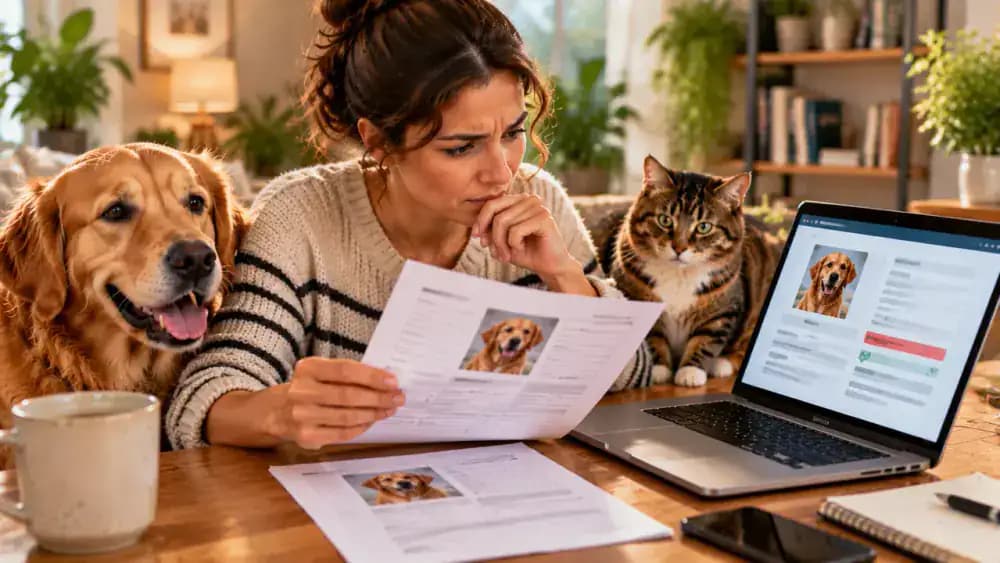 A pet owner compares a microchip certificate with a registry screen showing a mismatched number, organizes supporting documents, and contacts an official registry representative for assistance.