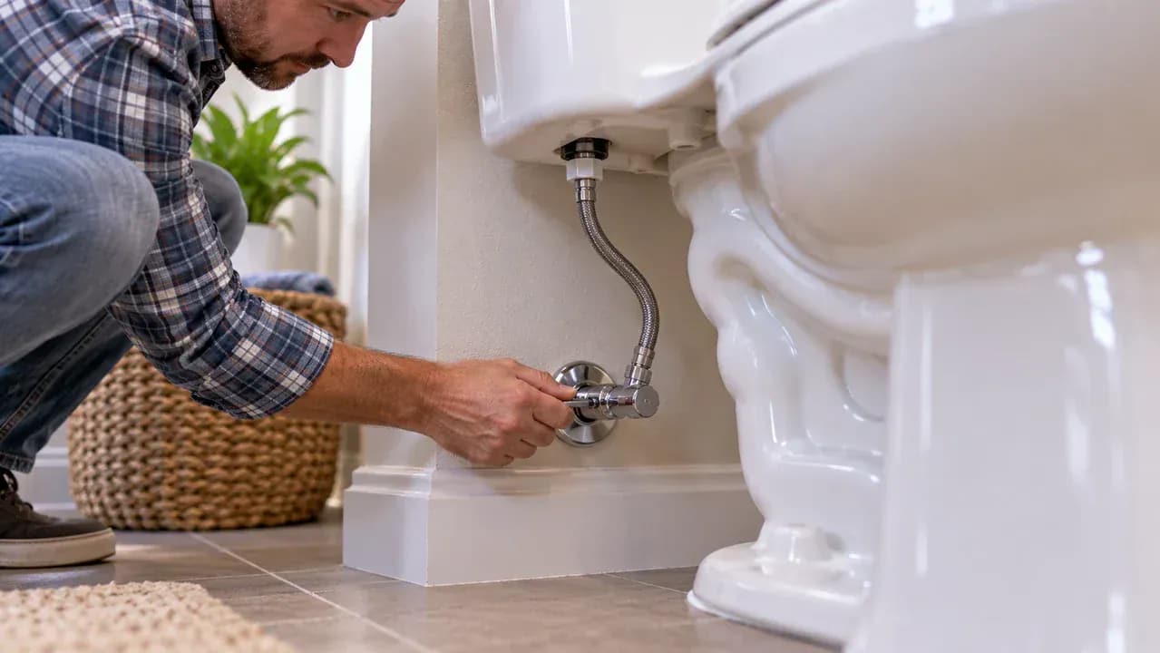 Rear three-quarter view of an open toilet tank refilling as a hand turns the wall supply valve, with the water stopping below the overflow tube while the fill valve base and supply connection are checked for leaks.