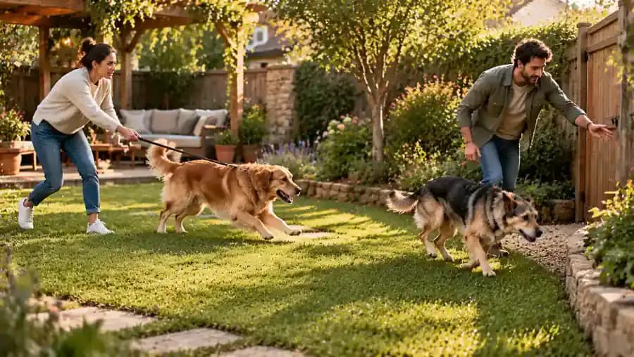Two dogs playing with loose, bouncy movements in a fenced garden, followed by an owner calmly separating them when one repeatedly pursues the other toward a corner.