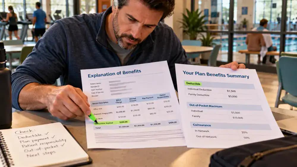 Adult at a community recreation center table using a green page marker to compare the Deductible section on a fictional Explanation of Benefits with a sample plan benefits summary listing a $1,500 deductible.