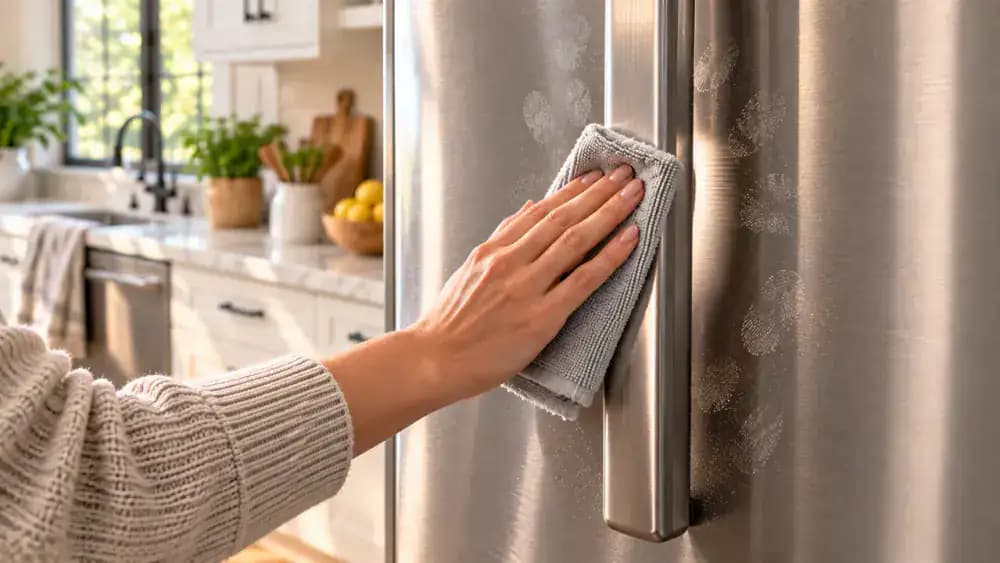 Close-up of fingerprinted stainless steel French door refrigerator handles being wiped with a microfiber cloth along the metal grain, away from dispenser controls and door seams.