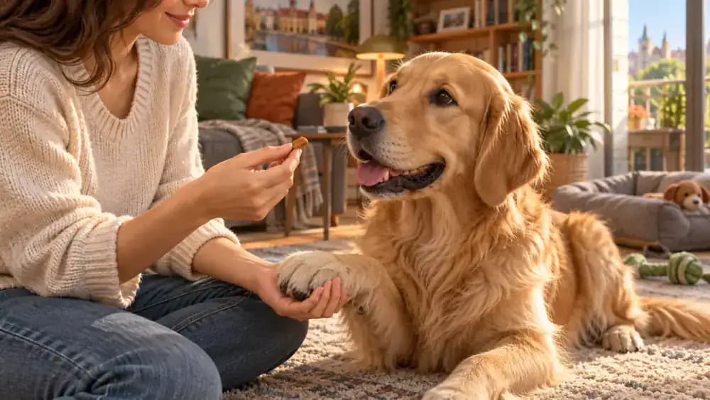 Golden retriever calmly offering a paw while its owner rewards gentle handling with a small treat