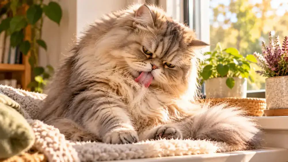 Long-haired Persian cat grooming its chest on a sunny windowsill before receiving gentle brushing with a wide-toothed comb while resting on a soft cushion.