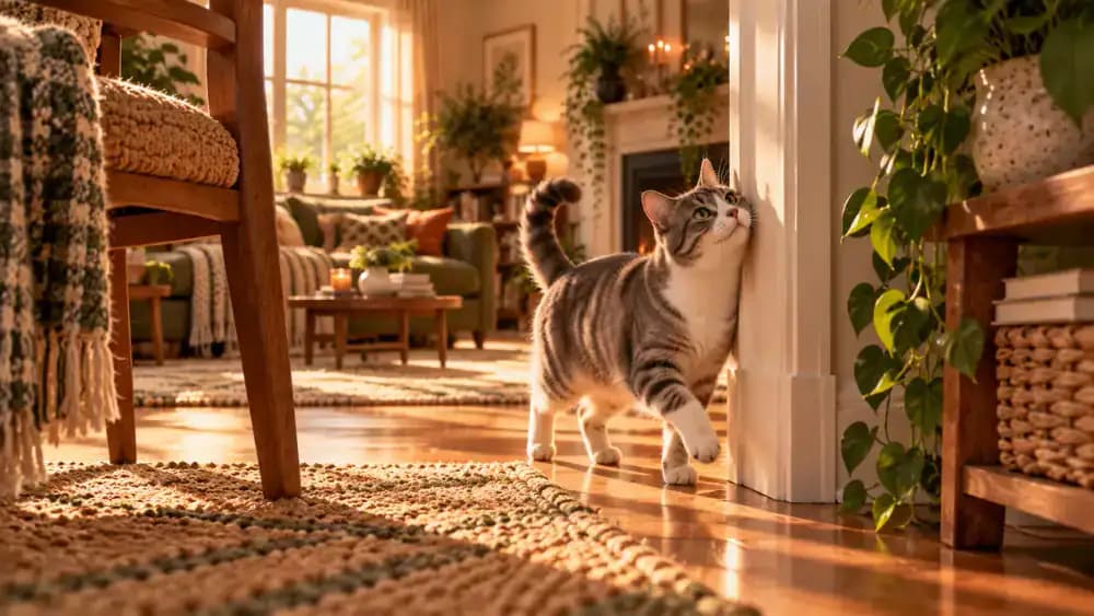 Luna cautiously sniffs a dining chair and rubs a doorway while exploring an empty living room