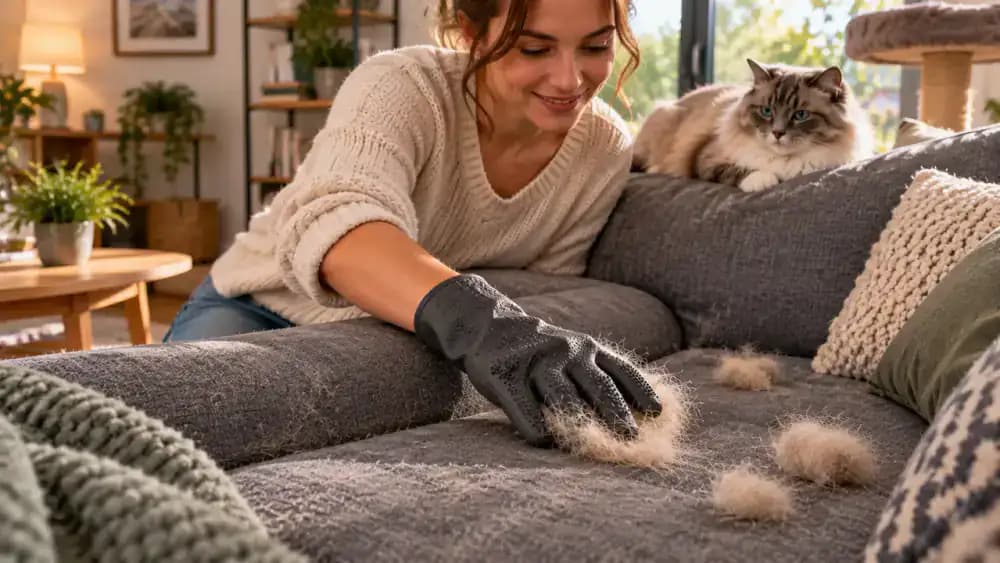 Rubber glove gathering cat hair from a fabric sofa after vacuuming