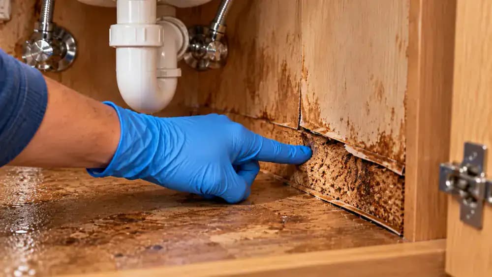 Close-up side view inside an empty under-sink kitchen cabinet showing a blue-gloved hand using a small inspection mirror to examine swollen particleboard beneath raised laminate, with exposed wood fibers, discoloration, and bubbling along the cabinet floor and side panel seam.