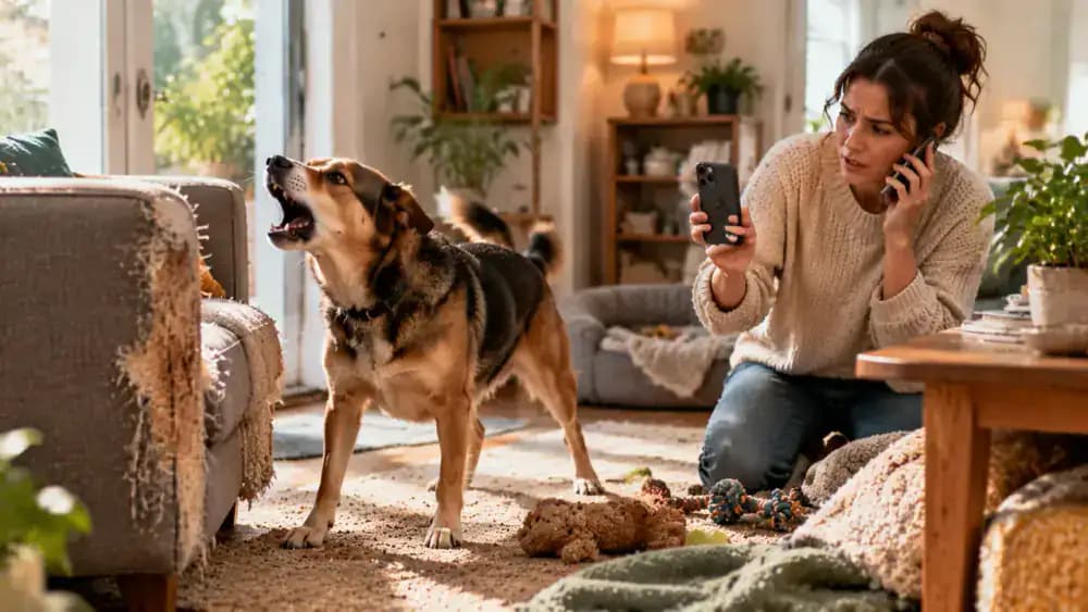 Adopter calmly records a dog's barking near the front door and scratches on nearby furniture, provides a quiet resting area, and contacts a veterinary clinic for guidance.
