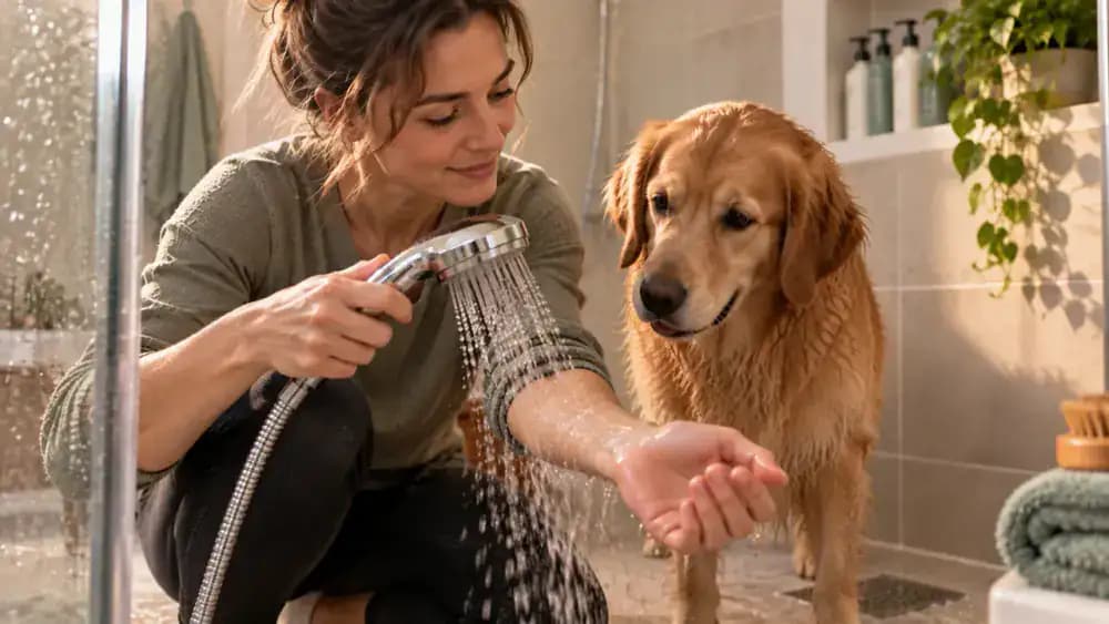 Close-up of a dog owner testing a gentle shower stream against the inside of their wrist while a dog watches from a dry nonslip bathroom mat.