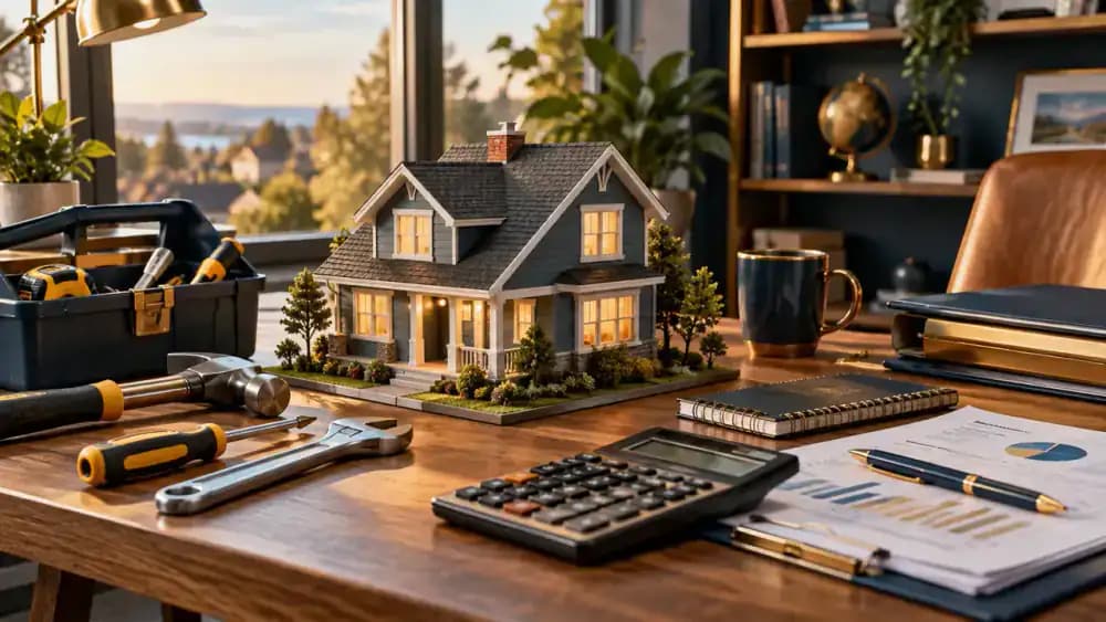 House model surrounded by maintenance tools representing long term care