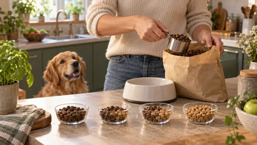 Owner measuring familiar dog food and preparing a gradual food transition plan