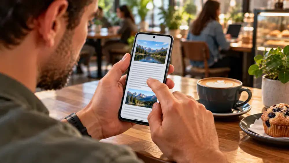 Adult holding an Android smartphone at a cafe counter, reading and scrolling through sample text before opening Display settings to adjust brightness and review the refresh rate for comfortable viewing.