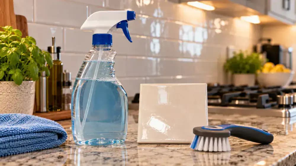 Close-up of blue-gloved hands examining the back label of a non-acidic tile and grout cleaner, checking surface compatibility, dilution, contact time, and rinsing instructions beside a ceramic tile sample and soft nylon grout brush.