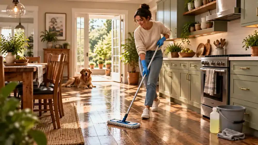 Person standing on dry vinyl plank flooring in a residential kitchen, using a lightly damp microfiber mop with overlapping strokes across a 3-foot by 3-foot section beside a kitchen island, with a wet-floor warning sign nearby.