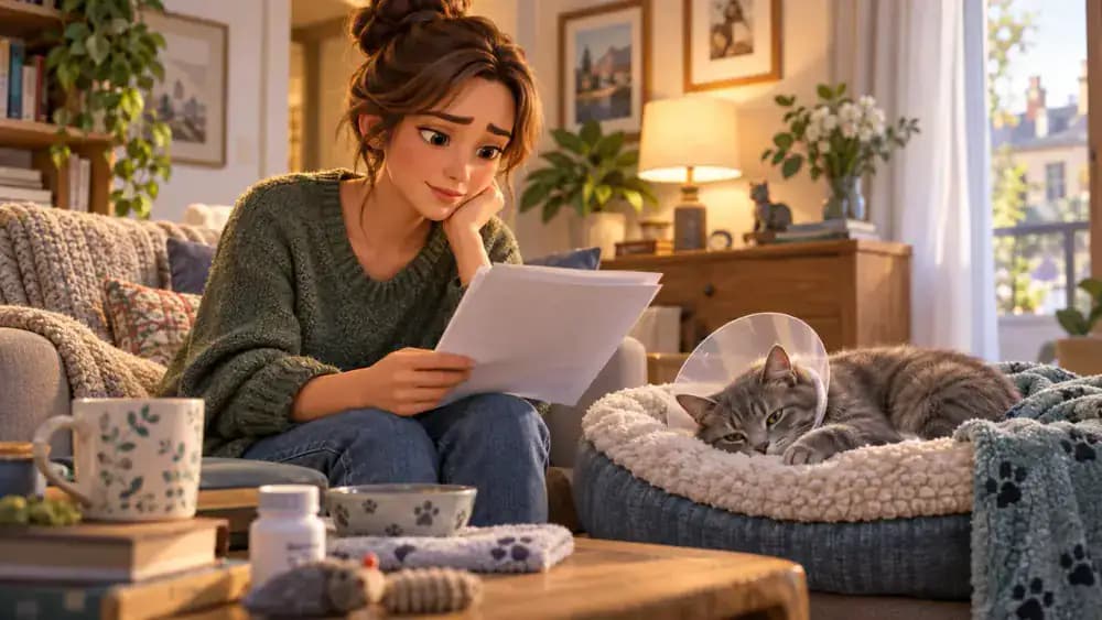 Gray cat recovering at home while its owner reviews dental surgery documents and follow-up instructions