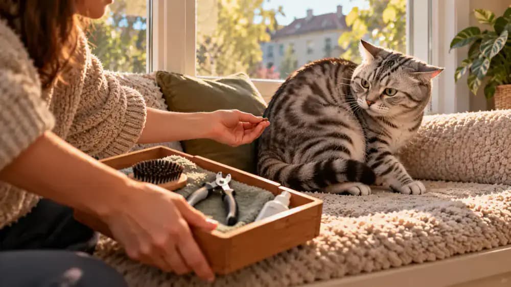 Silver tabby cat on a cushioned window seat turning its head away from a treat while its owner moves a grooming tray farther away, leaving the cat free to reposition.