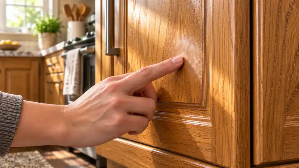 Over-the-shoulder view of a dry satin-finished oak kitchen cabinet beside a bright window, with a hand gently checking the panel for stickiness and a subtle cloudy patch visible in angled daylight.