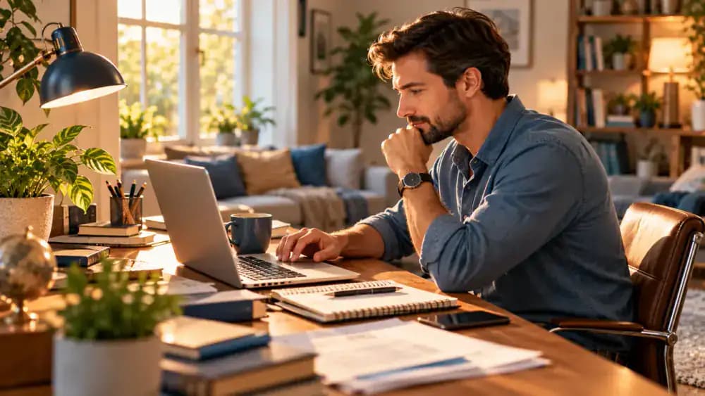 Professional researching employment opportunities on a laptop in a home office.