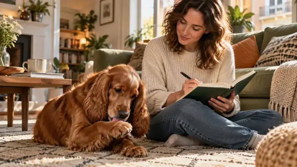 Brown spaniel repeatedly licking one front paw while its owner records the behavior