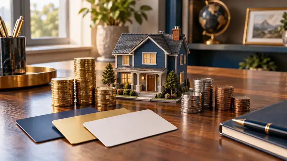 Separate coin piles surrounding a miniature house and blank financial cards representing the allocation of sale proceeds.