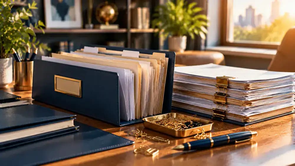 An organized folder of supporting financial documents with paper clips and a pen.
