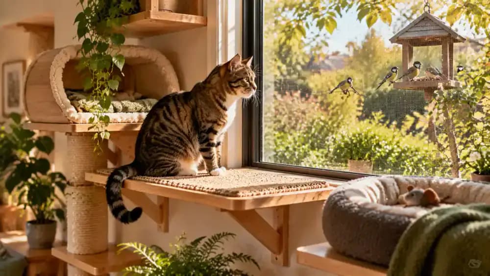 Cat following an intermediate shelf to a broad window perch and watching birds through a secured screen while its owner checks the sunny surface and nearby shaded bed.