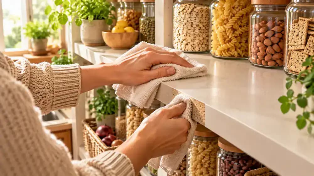 Close-up of hands using a folded beige cotton towel to dry an empty laminate pantry shelf, carefully wiping the rear corners, wall seams, and exposed particleboard along the front edge in a bright American kitchen.