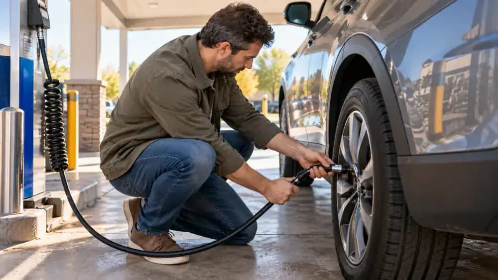 Driver connecting an air pump hose to the valve stem of an undamaged car tire at a designated gas station inflation area, with an illustrative 32 PSI target on the pump display.