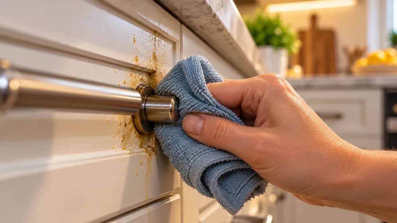 Close-up of a painted cabinet handle with greasy fingerprint buildup around one mount as a hand presses a barely damp microfiber cloth against the residue while the nearby seam stays dry.