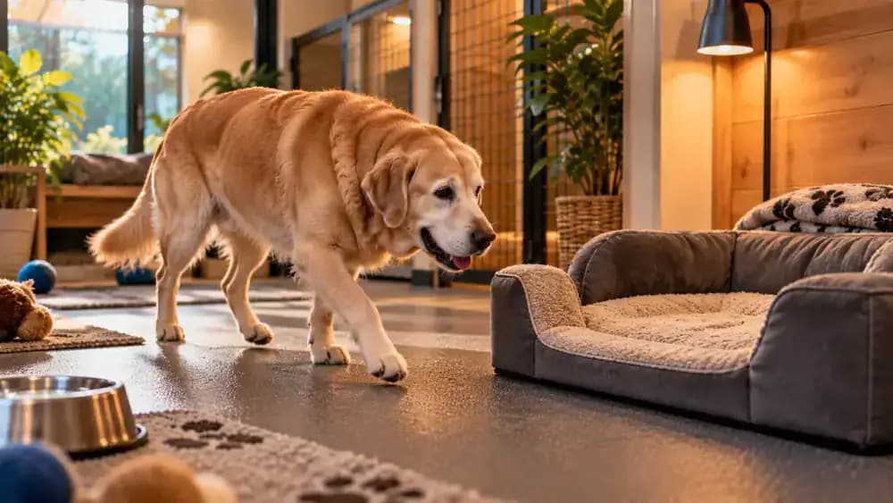 Senior Labrador walking with a caregiver along a non-slip boarding corridor, accessible orthopedic dog bed, puppy receiving a supervised outdoor bathroom break, and staff discussing mobility accommodations with an owner.