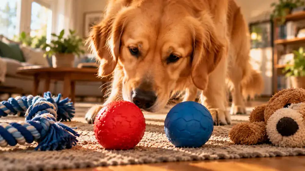 Two similar rubber balls displayed beside a textured braided rope toy and a soft plush toy for comparison.