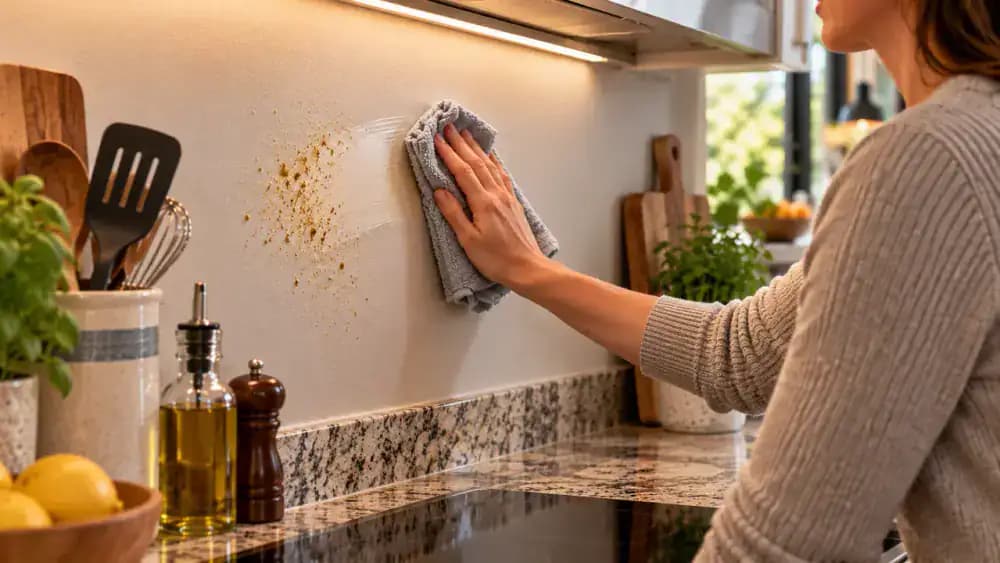Hand gently cleaning a faint grease patch from a painted backsplash beside coated metal trim using a microfiber cloth with a small amount of compatible cleaner.